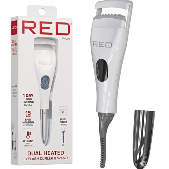 Red by Kiss Rizador de pestañas y varita con doble calefacción (2 en 1) Mini rizador de pestañas eléctrico de viaje de calor rápido con peine de silicona USB-C Pantalla LED 24 horas de larga duración