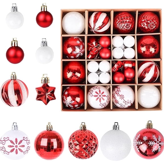 HioHa 44PCS Christmas Ball Ornaments, Shatterproof Red and White Christmas Tree Balls with Stars and Strings, for Xmas Tree Wreath Decor