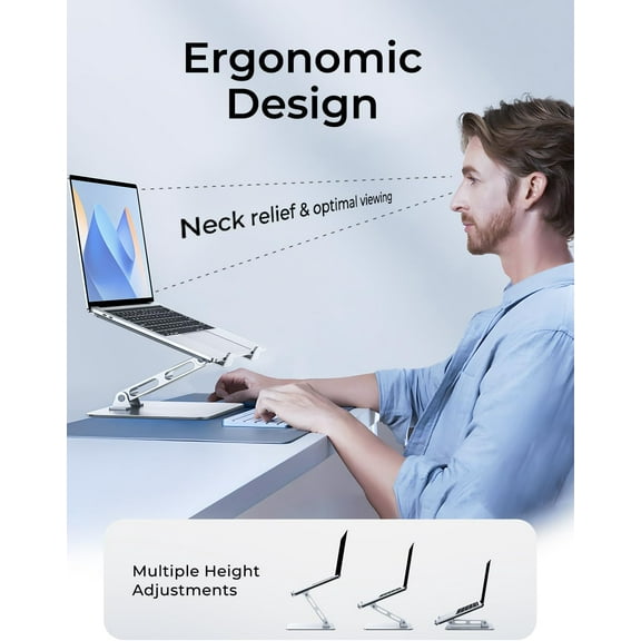 Adjustable Ergonomic Laptop Stand for Desk, Foldable Computer Stand, Stable Aluminum Notebook Riser & Portable Laptop Holder Mount Compatible with 10-16"  Pro/, , , Silver