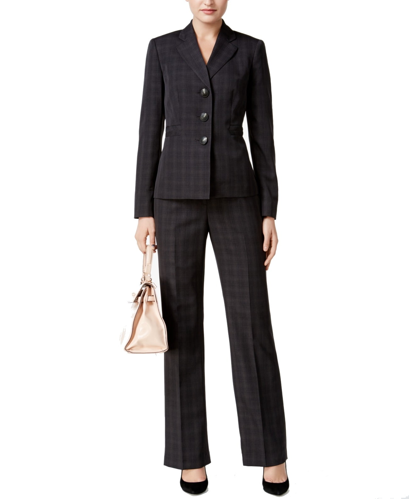 Womens Pant Suit Black Slate Plaid Three Button 16