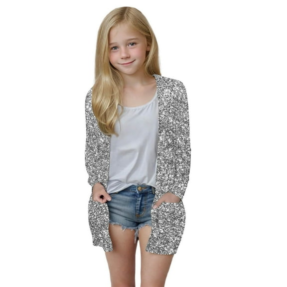 ATOGUTA Girls Cardigans Kids Long Cardigan Open Front Outerwear with Pockets Size 5T-14, Silver