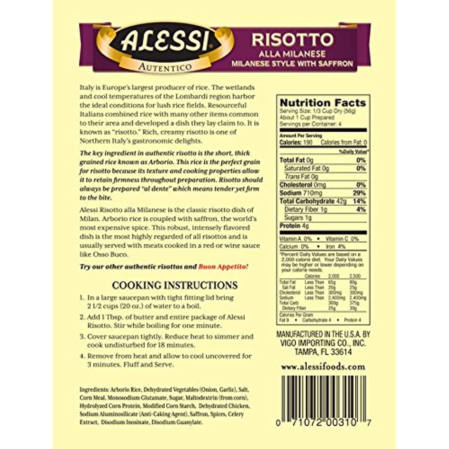 Alessi Autentico, Premium Seasoned Risotto, Italian Arborio Rice, Easy To Prepare, 8Oz (Milanese, Pack Of 6)