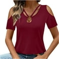 thumbnail image 2 of RYRJJ Womens Summer Cold Shoulder Tops Short Sleeve V Neck T Shirts Loose Dressy Casual Tunic Blouses Criss Cross Tees(Wine,L), 2 of 9