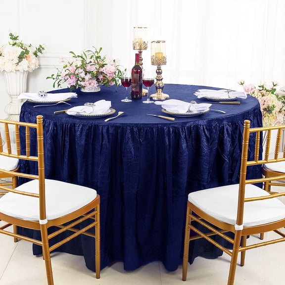 Wedding Linens Inc. 60"W x 30"H Round Ruffled Fitted Crushed Crinkle Taffeta Tablecloth Table Cover Linens With Skirt - Navy Blue