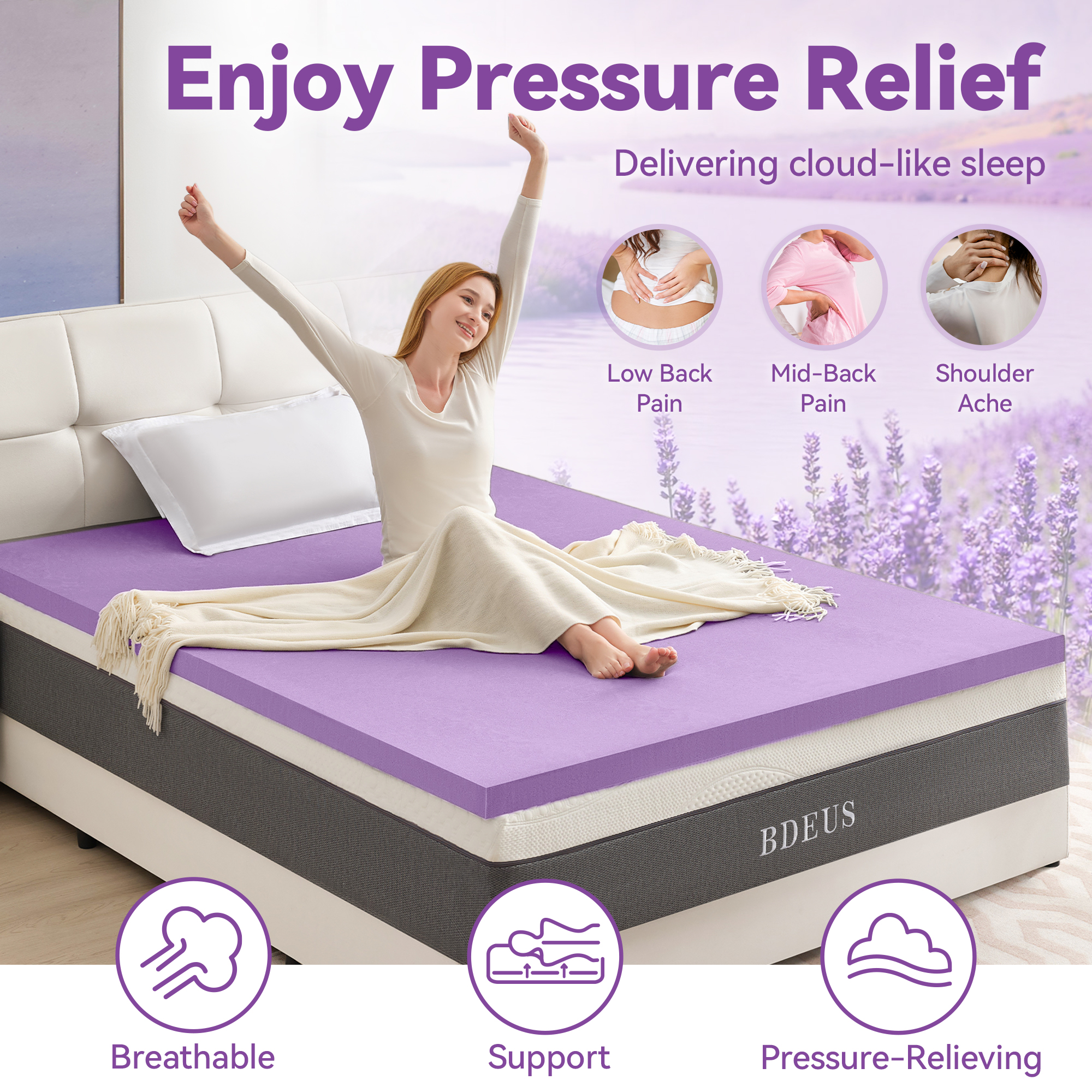 BDEUS 2" Mattress Topper, Gel Memory Foam Bed Topper for Pressure Relief, Twin Size
