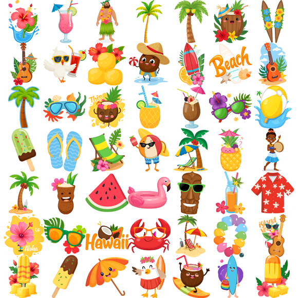 54 Temporary Tattoo Stickers Waterproof Long-lasting Body Stickers Hawaiian Beach Coconut Tree Ice Cream Swim Ring Kids Boys Girls Tattoo Stickers Arm Forearm Shoulder Cheek