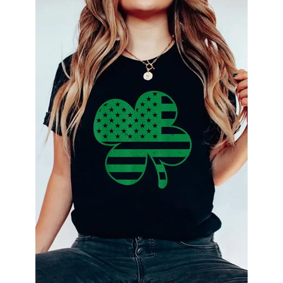 100% Cotton Irish American Flag Vintage Shamrock St Patricks Day T-Shirt Print Round Neck Cotton T-Shirt, Summer Women's Tops, gift