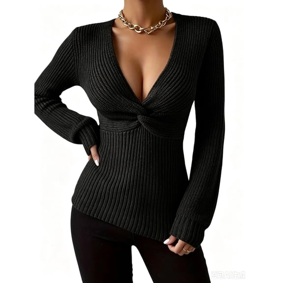 Domzest Deep V Neck Sweater for Women Twist Front Slim Fit Sexy Pullover Sweaters Long Sleeve Ribbed Knit Casual Jumper Tops Black L