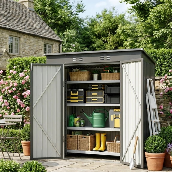 Asofer 6'x4' Outdoor Storage Shed, Heavy Duty Metal Garden Shed with Lockable Higher Hinged Door, Tool Storage for Patio, Backyard, Lawn, Dark Gray