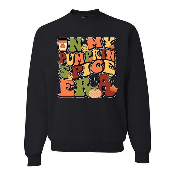 Wild Bobby In My Pumpkin Spice Era Groovy Letters Smiley Faces Thunderbolts Leaves Halloween Unisex Crewneck Sweatshirt, Black, Small