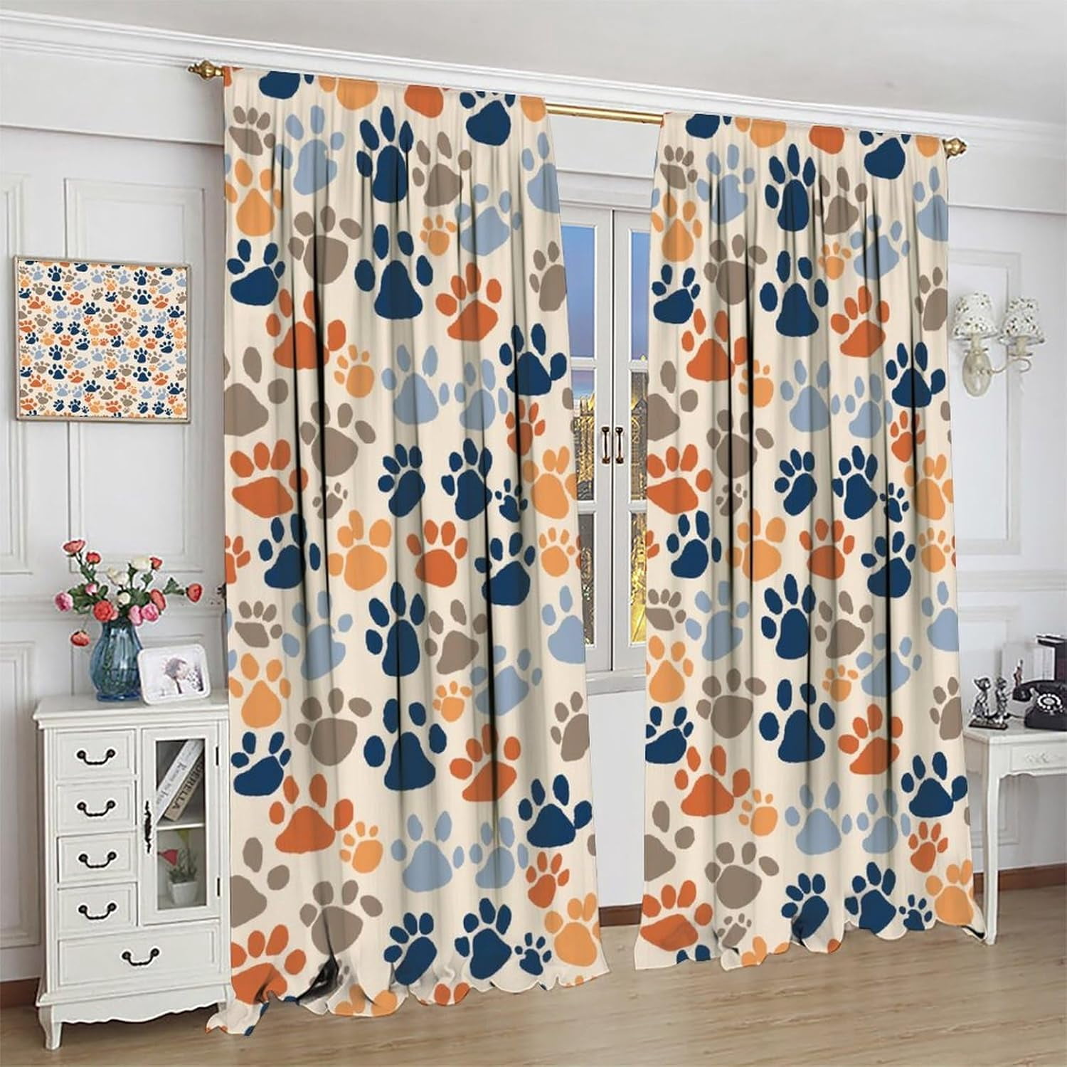 Dog Paw Print Curtains Colorful Cartoon Bohemia Dog Paw Print Rod Pocket Blackout Window Treatment for Kids Girls Bedroom Children''s Room Kitchen Home Decor Art Printed Window Drapes 52x84in