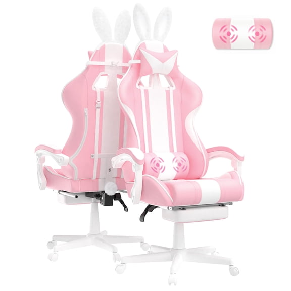 Huracan Cute Bunny Ears Gaming Chair with Footrest, Ergonomic High Back Office Gamer Chair, Massage Computer Game Chair with Lumbar Support for Adults,Pink