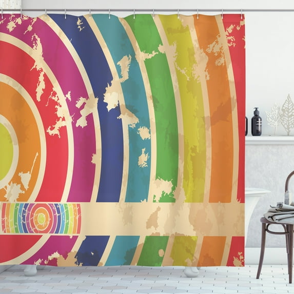 Vintage Rainbow Shower Curtain, Curvy Lines in Different Colors and Torn Grunge Look Old Festival Event, Fabric Bathroom Set with Hooks, 69W X 75L Inches Long, Multicolor, by Ambesonne