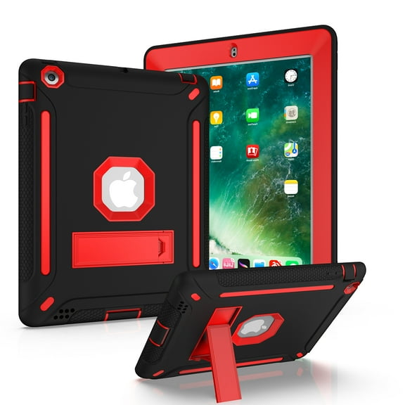 Allytech Silicone Case for iPad 4 / iPad 3/ iPad 2, Three Layers Silicone PC Heavy Duty Defender Kickstand Feature Shockproof Case Cover for Apple iPad 2nd/3rd/4th Generation, Black Red