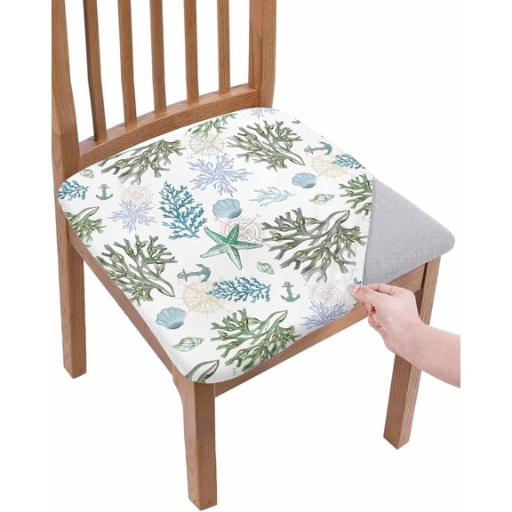 Ocean Sea Corals Chair Seat Covers for Dining Room Stretch Chair Seat Covers Set of 4, Chair Seat Protector Cushion Slipcovers for Kitchen Restaurant Office Nautical Anchor Coastal Seashell Starfish