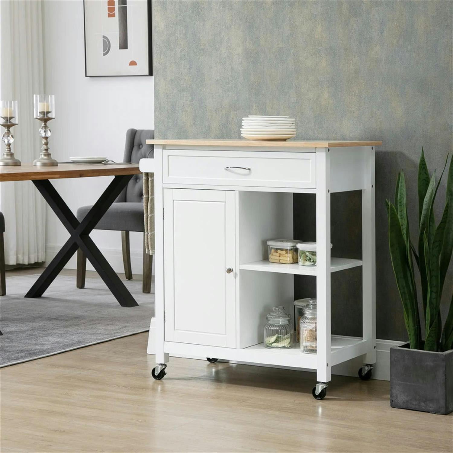 Demi Bonn 34" Kitchen Island Cart on Wheels with Storage Shelf, Rolling Dining Room Serving Utility Carts Mobile Movable with Wood Top and Drawer, White