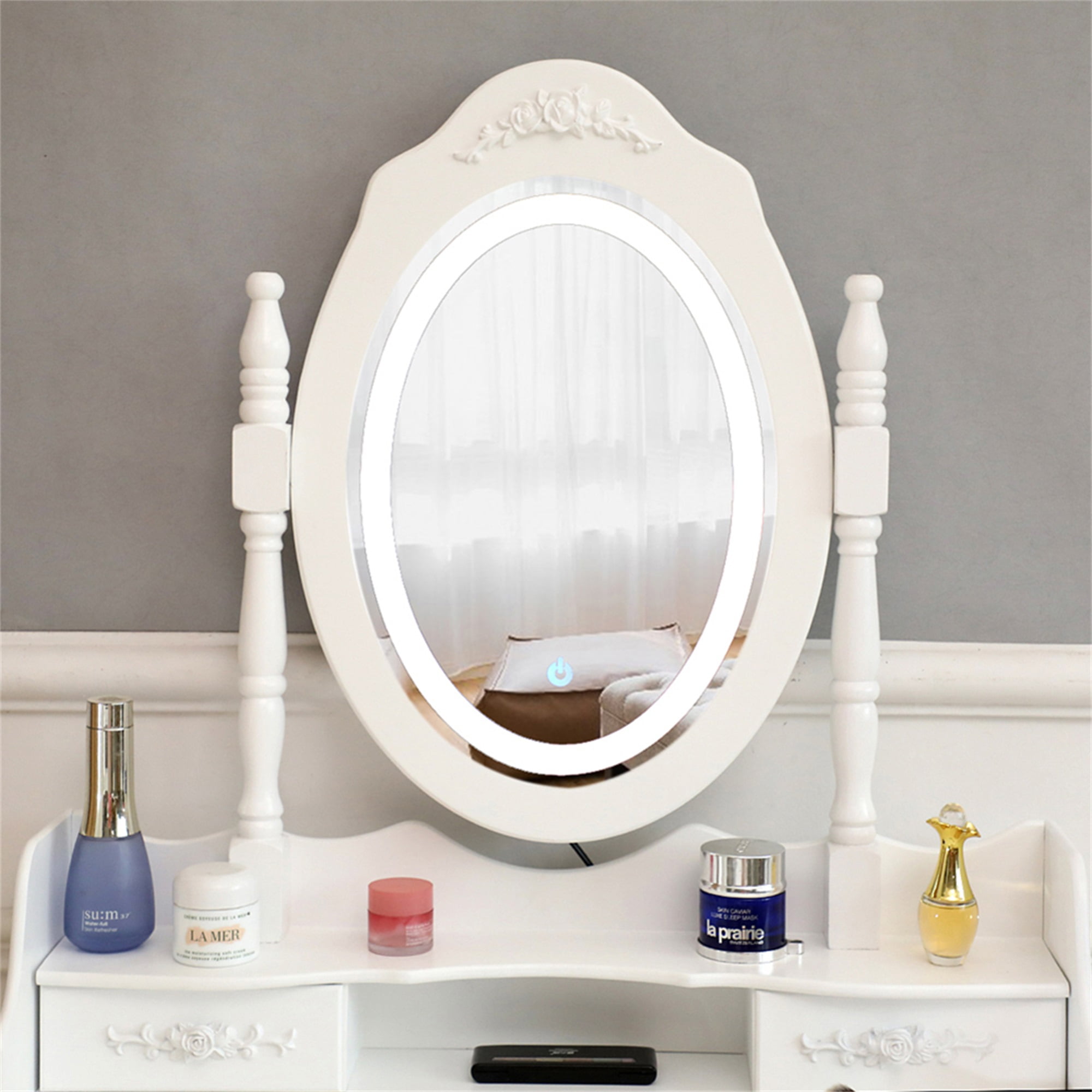 Kadyn Vanity Desk with Lighted Mirror, Vanity Table and Chair Set with 4 Drawer, White