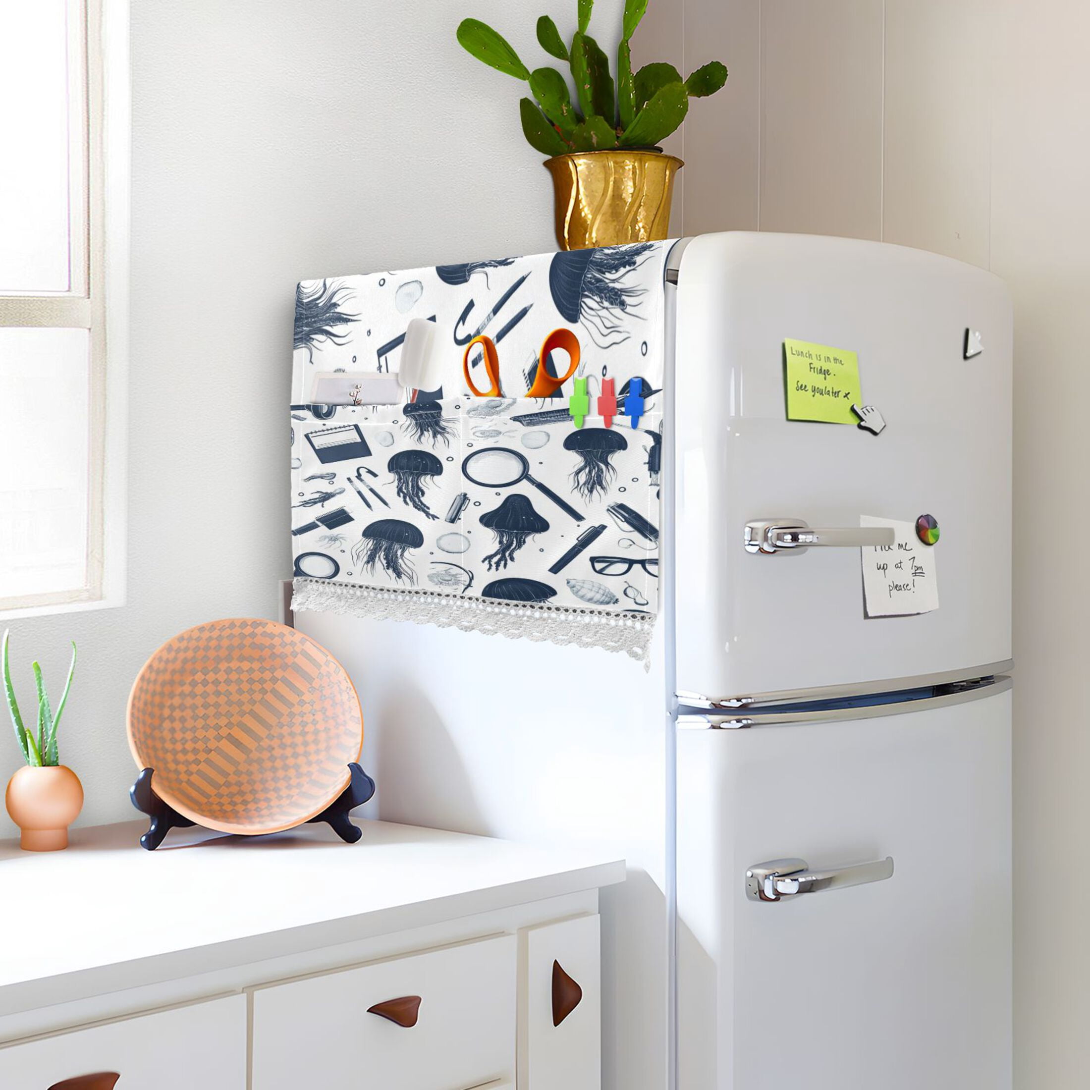 Blue Jellyfish PatternWasher and Dryer Covers Dust-Proof and Oil Resistant Fridge Cover with 4 Storage Pockets Washing Machine Top Cover for Laundry Kitchen Home 51.2 x 22 In