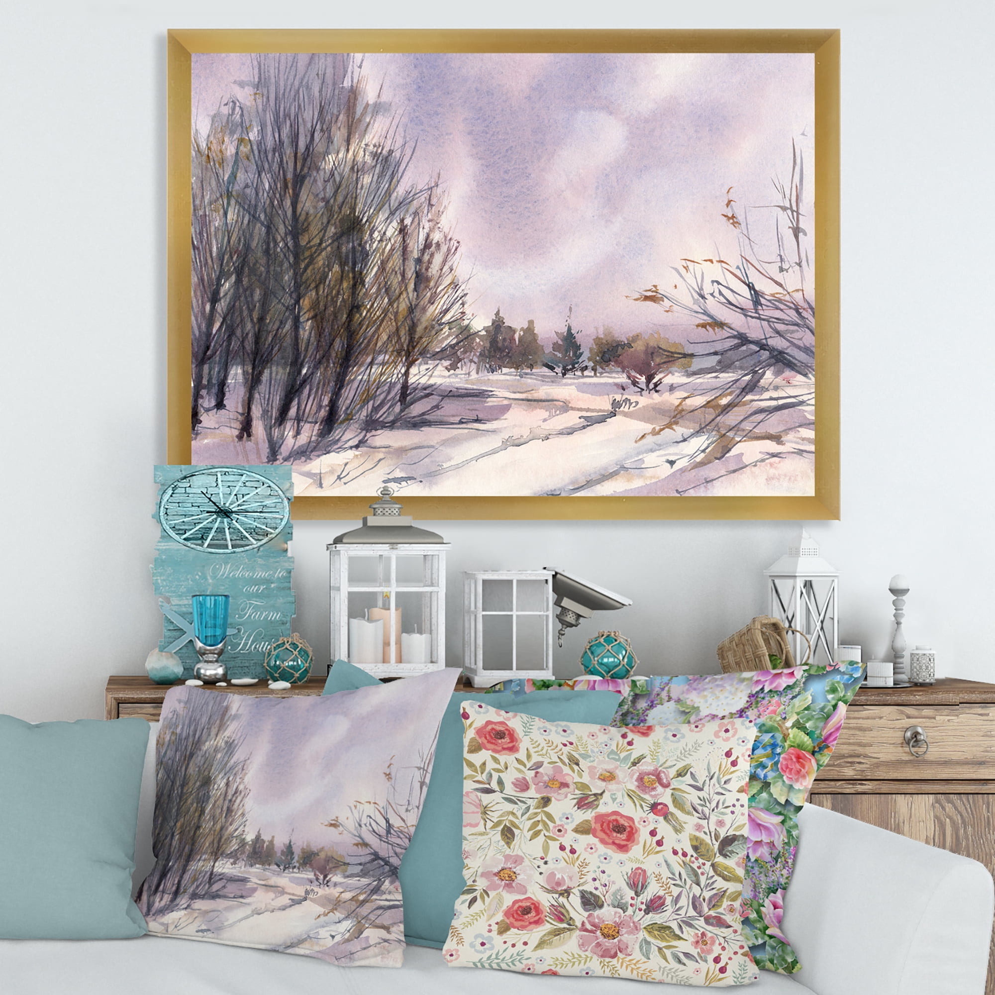 Designart 'Purple Snowy Tones With Winter Landscape' Traditional Framed Art Print