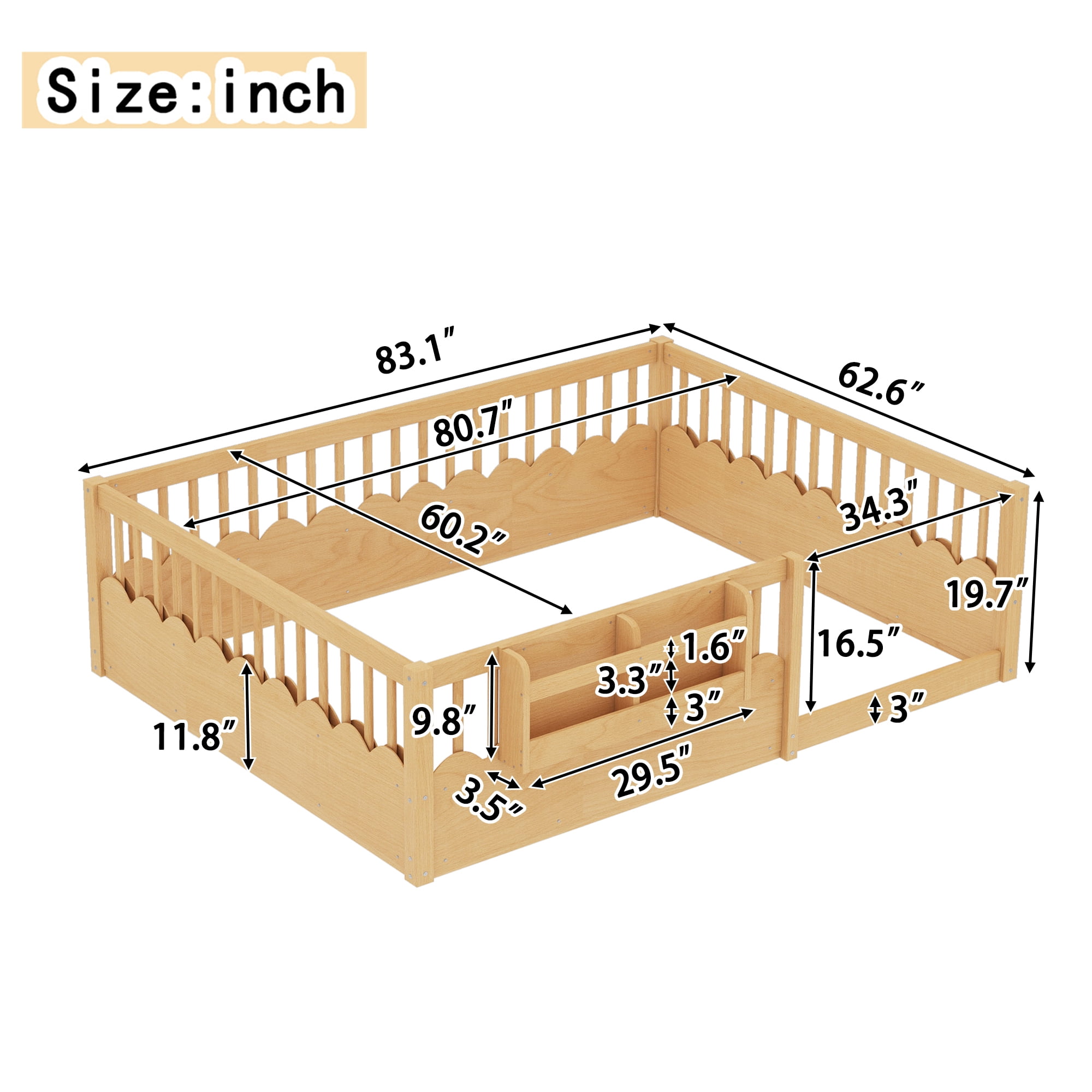Mintazer Queen Montessori Floor Bed with Bookshelf & Heightened Fence, Kids Wood Floor Bed for Boys and Girls, Natural