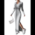 thumbnail image 3 of Vestido Maxi de Punto Acanalado con Cuello en V y Larga para Mujer, con Abertura en el Muslo y Ajustado. Gris XL, 3 of 9