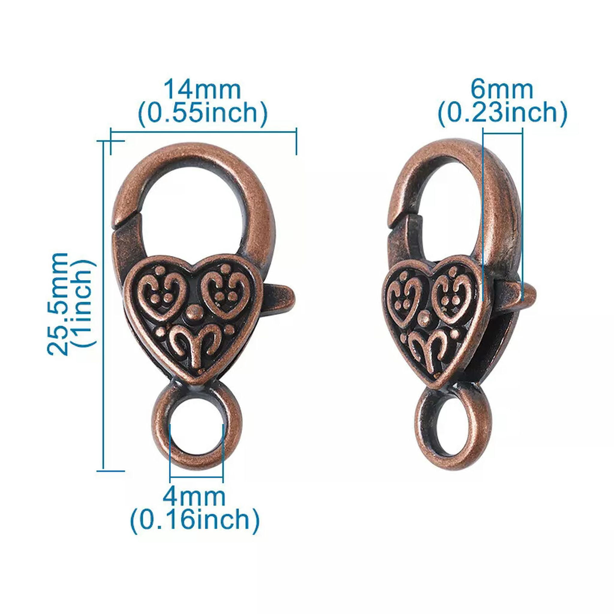 U8MO 50pcs Tibetan Alloy Heart Lobster Claw Clasps Red Copper Trigger Closure 25.5mm