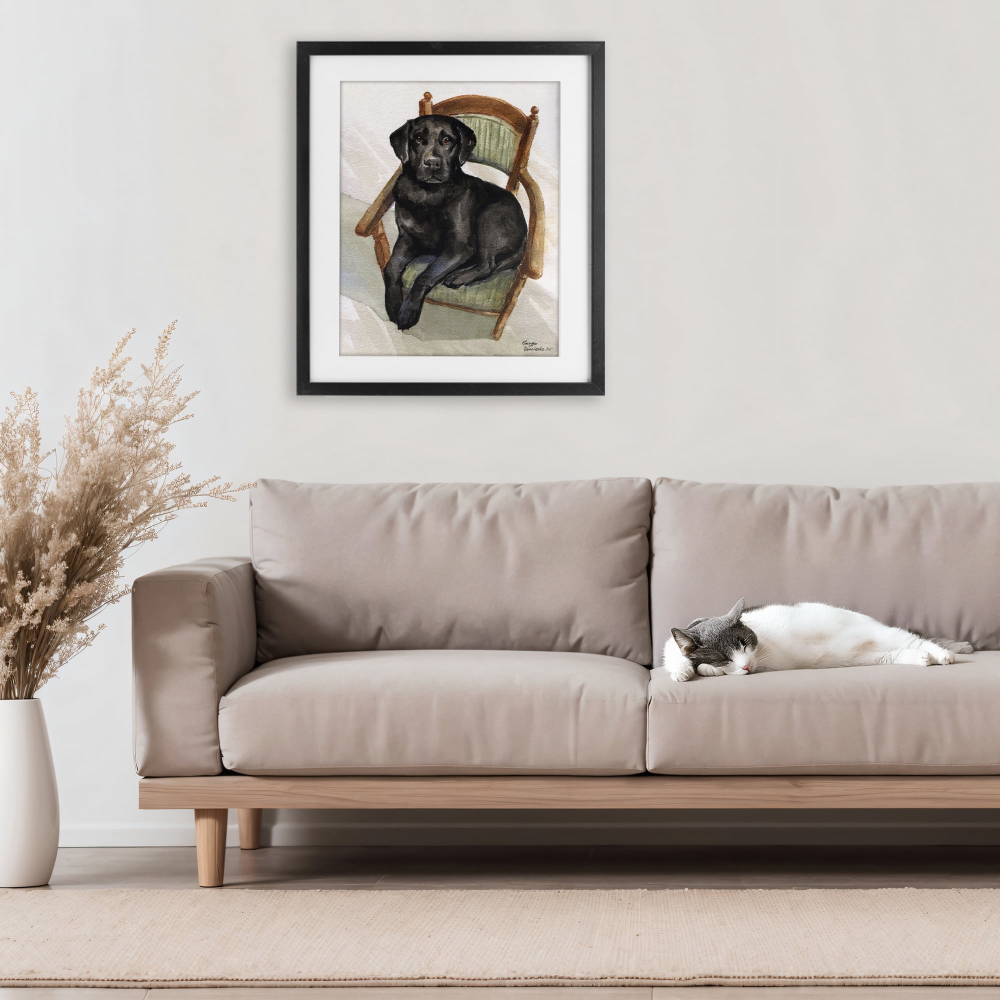 Stupell Industries Black Labrador On Chair Black Framed Print Under Glass, design by George Dyachenko