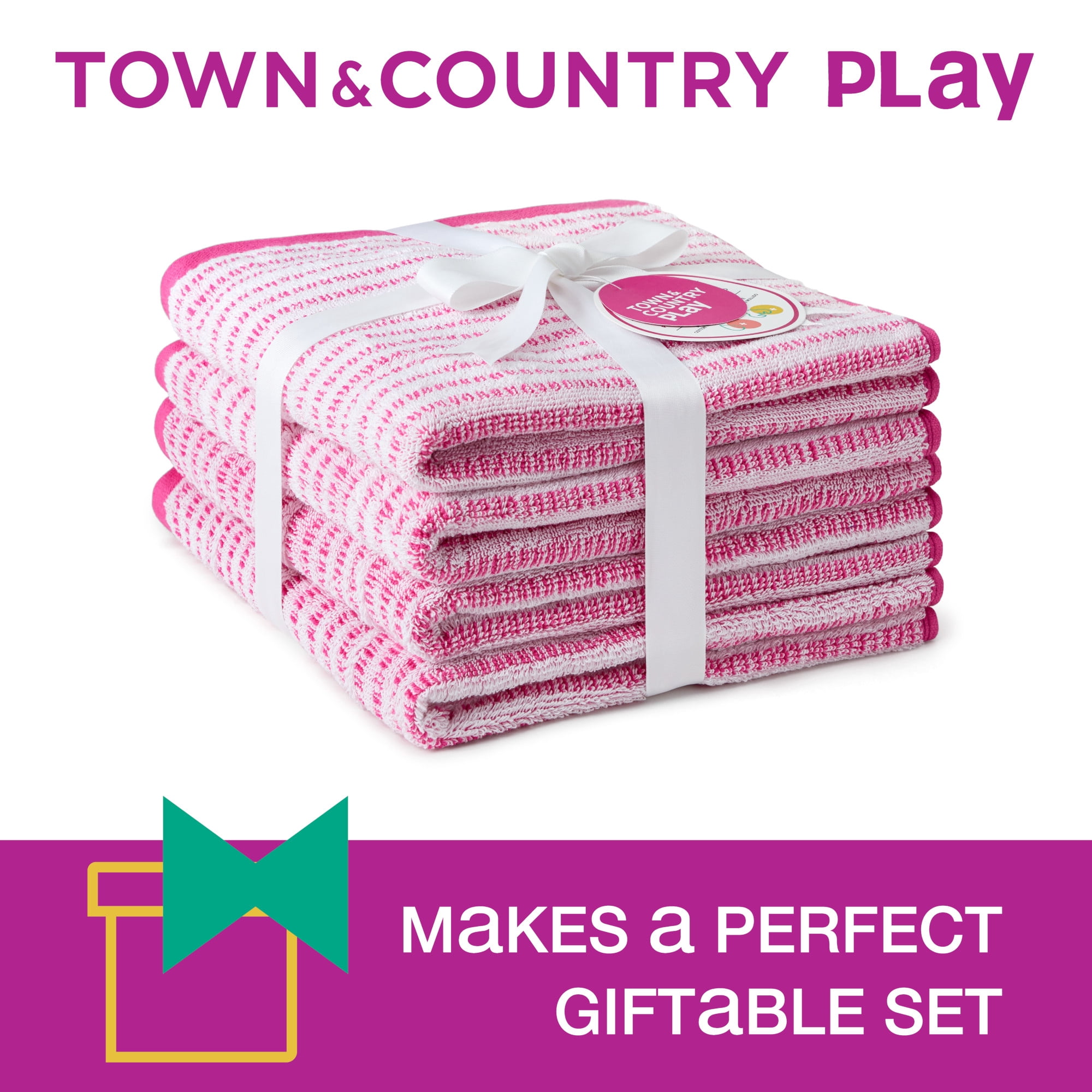 TOWN & COUNTRY PLAY 4-Piece Striped Reversible Terry Brights Hand Towel Set, 20"x30", 100% BCI Cotton, Plush & Absorbent 550GSM, Flamingo Pink