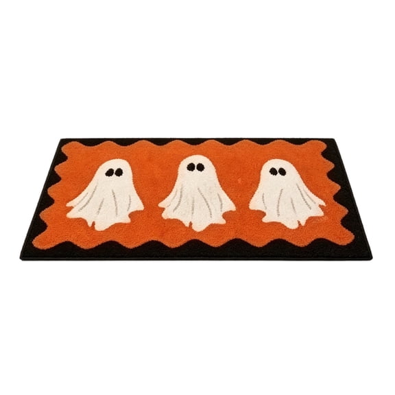 Halloween Ghost Doormat, Orange and Black Spooky Welcome Entry Rug with Ghost Prints for Front Door, Porch, Patio and Fall Home Decor
