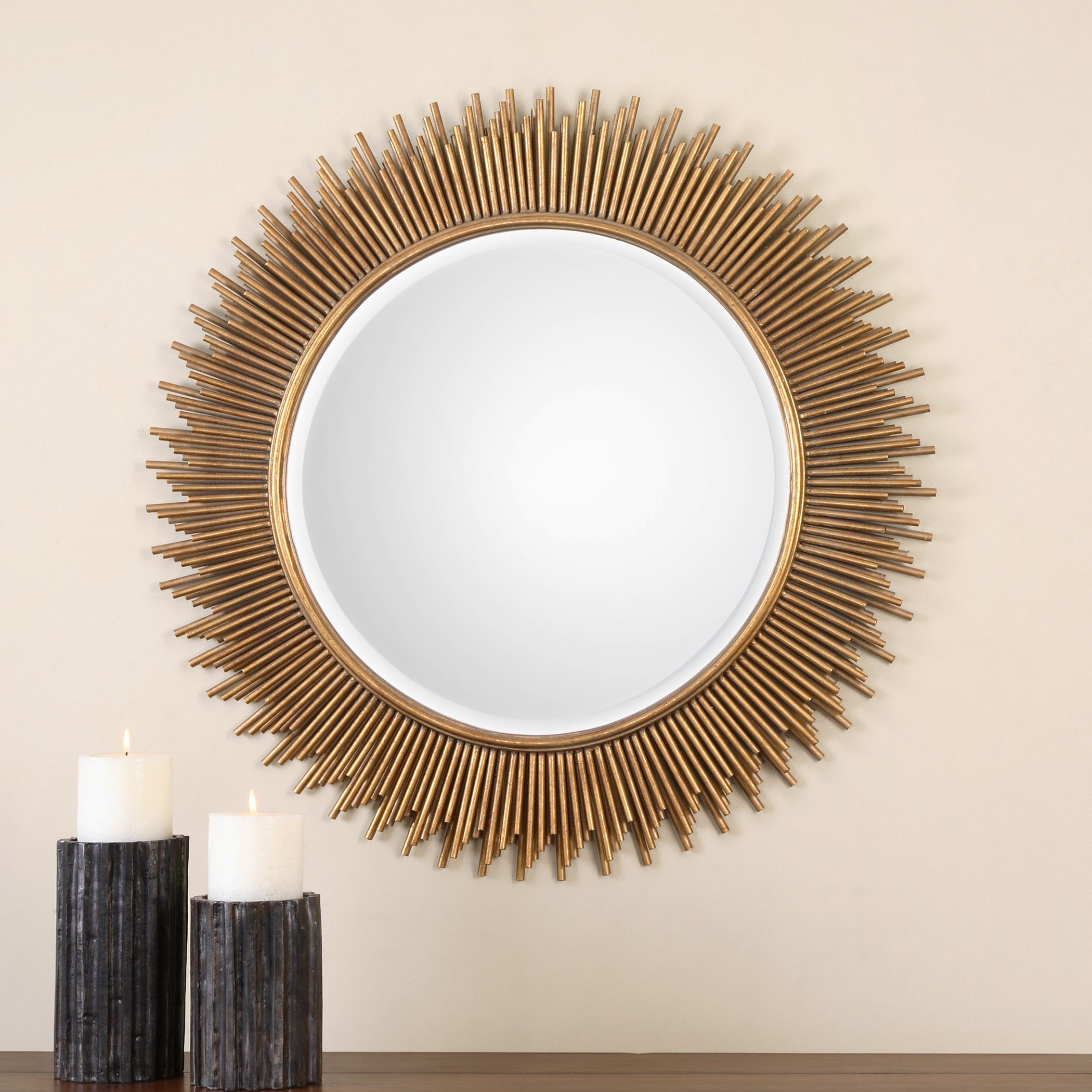 Transitional Sunburst Round Wood & Gold Mirror 36"