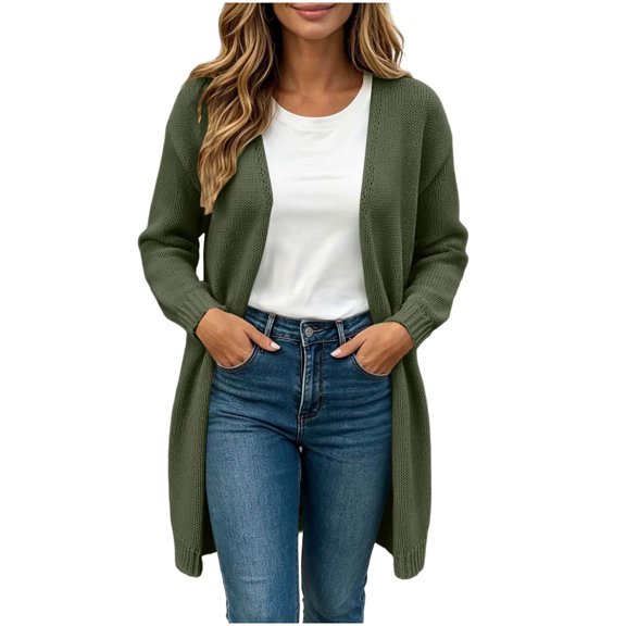 Binmer Women’s V Neck Open Front Long Knit Cardigan Long Sleeve Casual Mid Length Outerwear,Sizes S-2XL