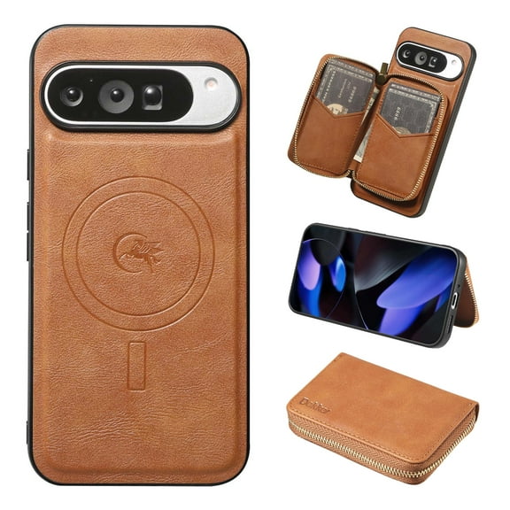 2 in 1 Detachable Wallet Case for Google Pixel 10 / 10 Pro, Classic PU Leather Card Slots Kickstand Zipper Pocket Shockproof Phone Cover Compatible with Magsafe for Google Pixel 10 / 10 Pro - Brown