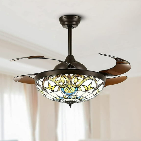 LED Ceiling Fan Light Invisible Retractable Blade 3 Color Change Chandelier Lamp