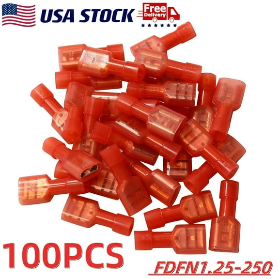 100Pcs Fully Insulated Red Female Electrical Spade Crimp Connectors Terminals