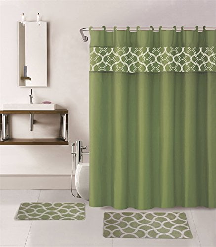 15-piece Hotel Bathroom Sets - 2 Non-Slip Bath Mats Rugs Fabric Shower Curtain 12-Hooks GEOMETRIC SAGE