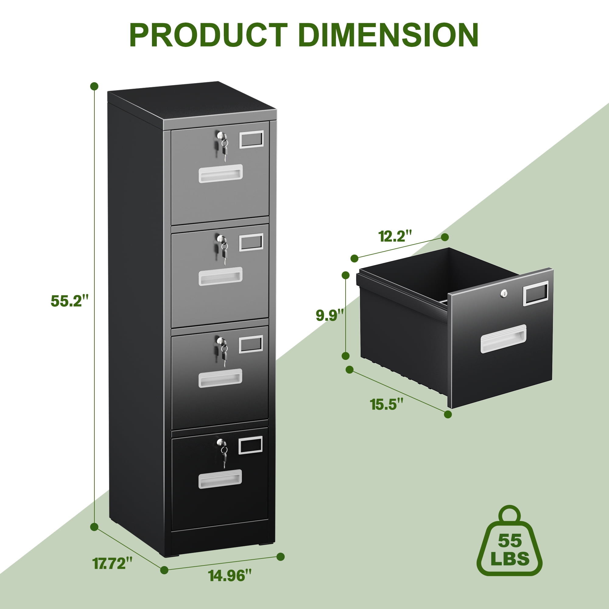 HUAXRON 4 Drawer Locking Metal Vertical File Cabinet with 4 Individual Locks and Hanging Folders for Office, School, Home, Assemble Required (Black)