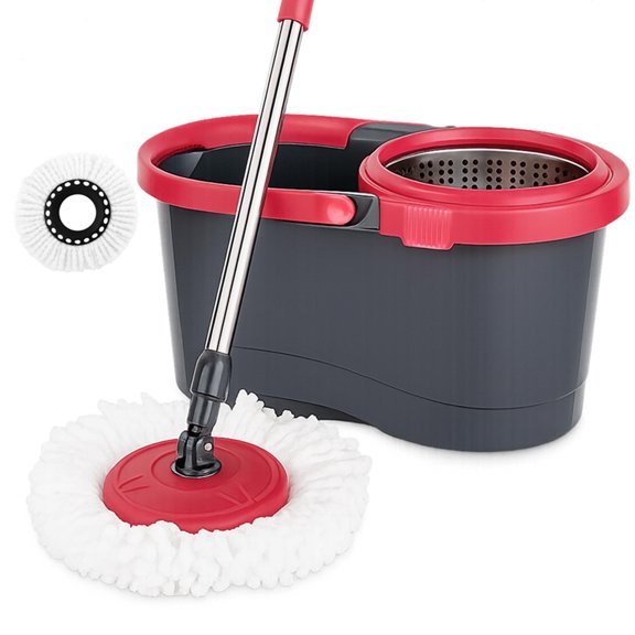 Ensemble de Vadrouille Rotative et Seau, Ensemble de Nettoyage de Plancher avec 1 Tête de Vadrouille Supplémentaire, Panier Rotatif Détachable et Vadrouille Magique à Essorage Facile à 360° pour Planchers de Bois Franc/carrelage/planchers Durs