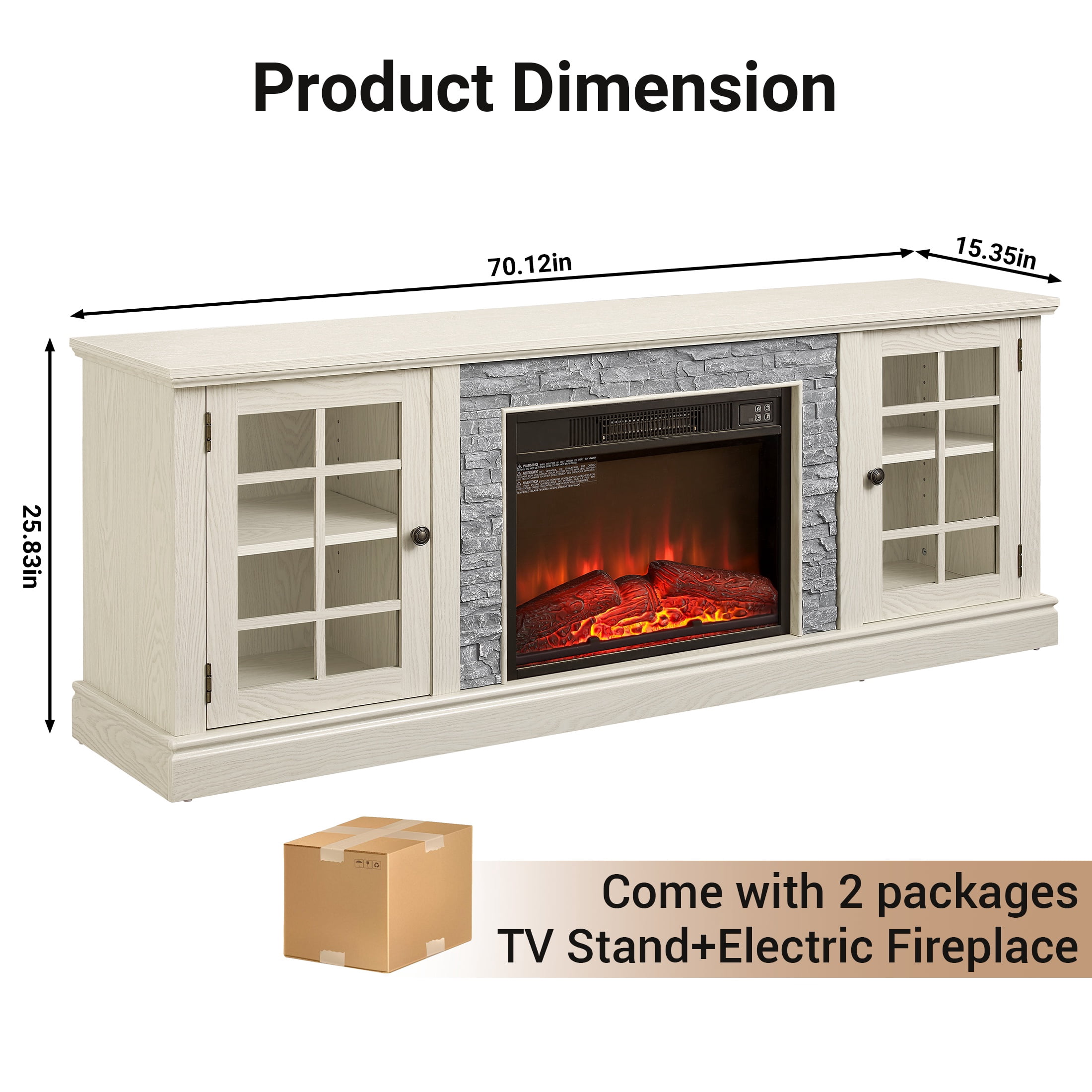 UHOMEPRO Fireplace TV Stand for TVs up to 75", White Large Entertainment Center with 23" Electric Fireplace for Living Room, 70" Modern TV Stand with 2-Door Storage