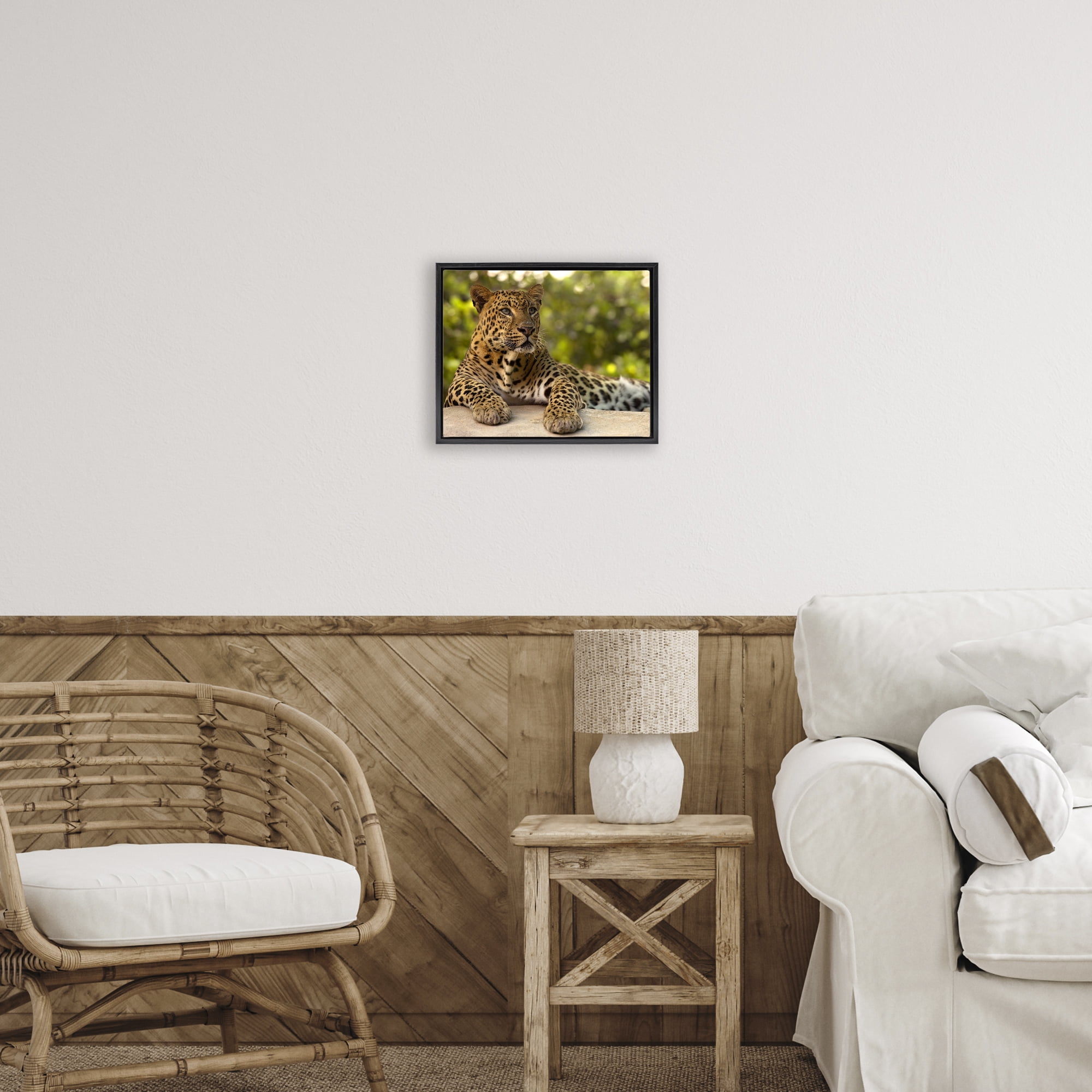 Leopard Gazing Relaxation Black Framed Floater Canvas Wall Art, design by MJ Photography