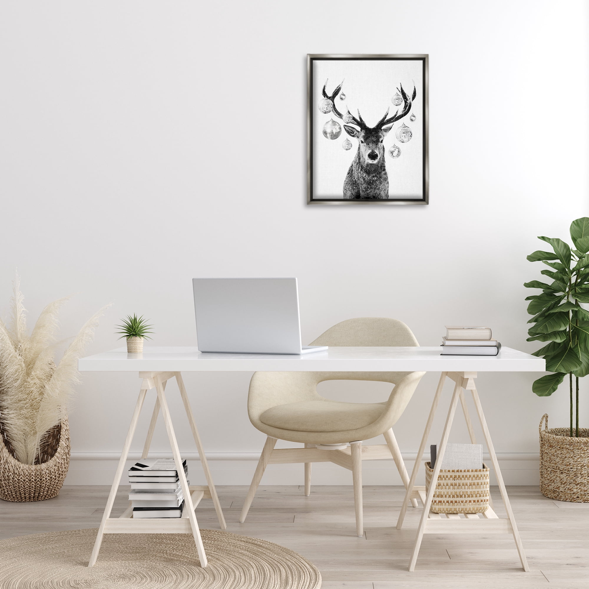 Stupell Industries Deer with Disco Balls Animals & Insects Painting Gray Floater Framed Canvas Art Print Wall Art, 17 x 21