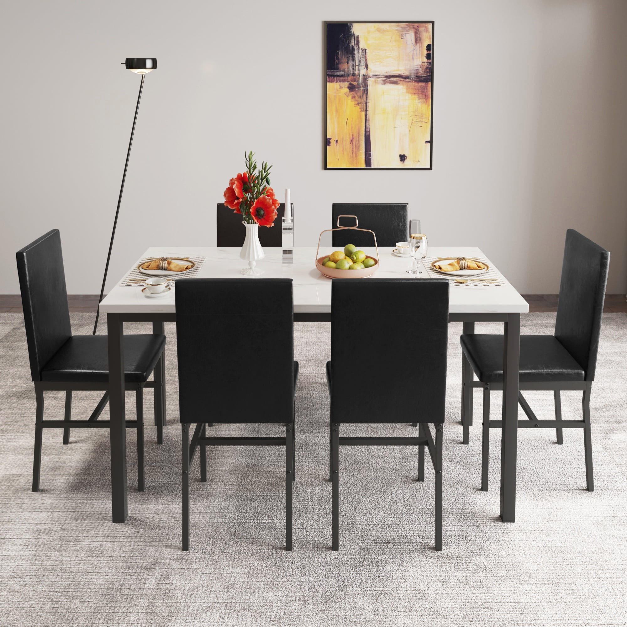 7 Piece Kitchen Dining Table & Chair Set, Dining Room Table Set with Faux Marble Tabletop PU Leather Padded Chairs, Rectangle Dining Table Set for 6, Dinette Set for Kitchen Dining Room Small Space