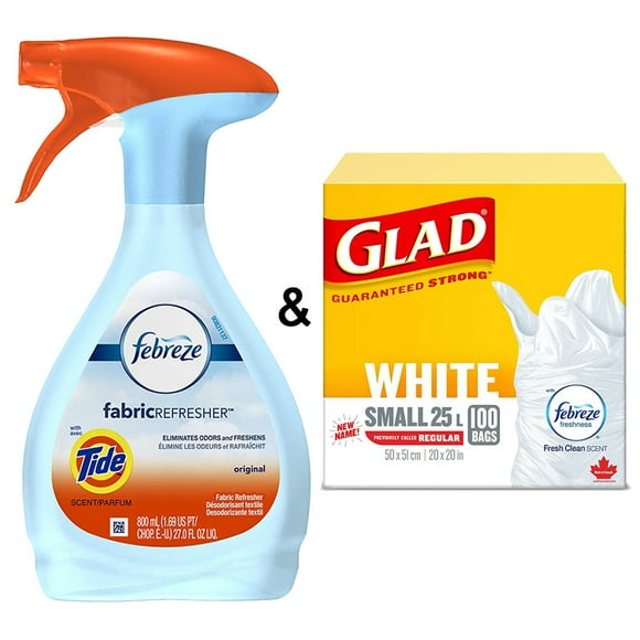 Fabric Refresher with Tide Original Scent Air Freshener 2.65 Pound by Febreze & Glad White Garbage Bags - Small 25 Litres - Fresh Clean Scent, 24 Trash Bags by Febreze