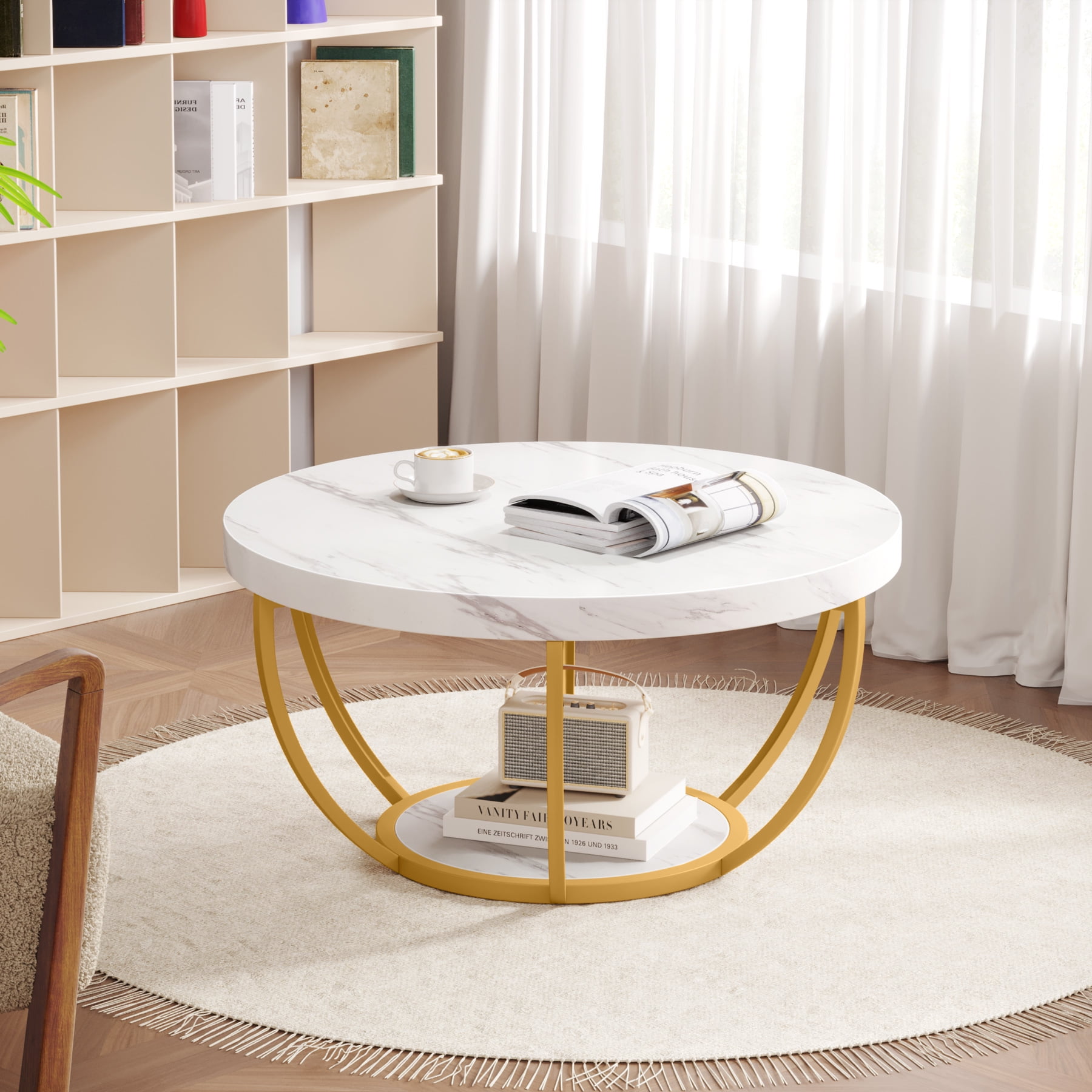 Demi Bonn Wooden Coffee Table, 2-Tier Round Central Cocktail Table with Shelves for Living Room, White