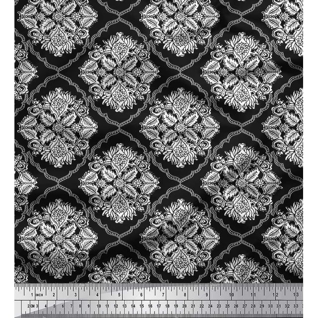 Soimoi Moss Georgette Fabric Damask,Leaves & Floral Block Decor Fabric Printed Yard 42 Inch Wide