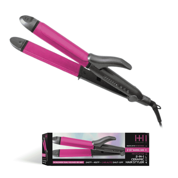 Hot & Hotter 1 1/4in Ceramic Flat Iron Hair Straightener, 2 in 1, Black & Pink