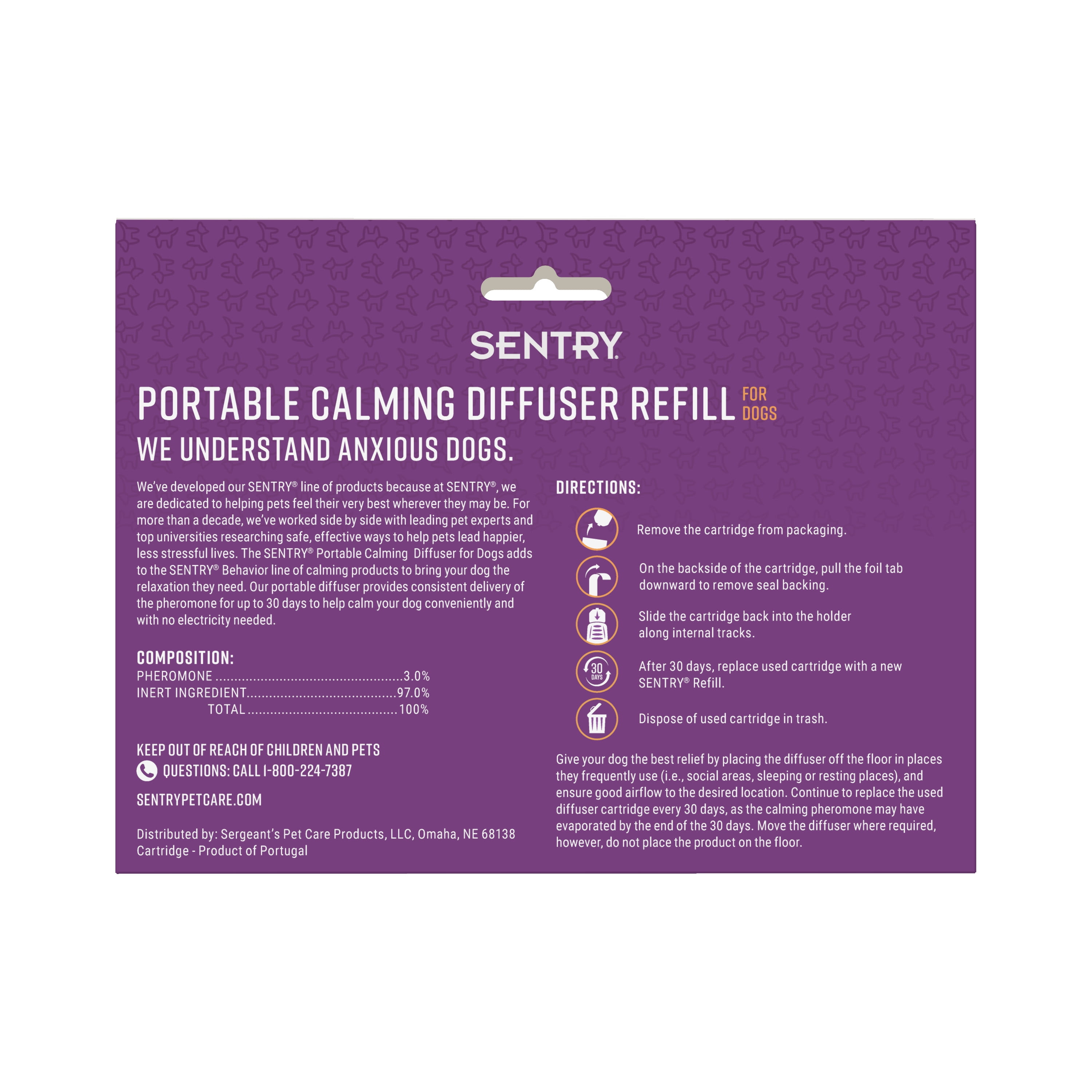 (6 pack) SENTRY Portable Calming Pheromone Diffuser Pack for Dogs, Helps Reduce Stress, Base with 6 oz Pod