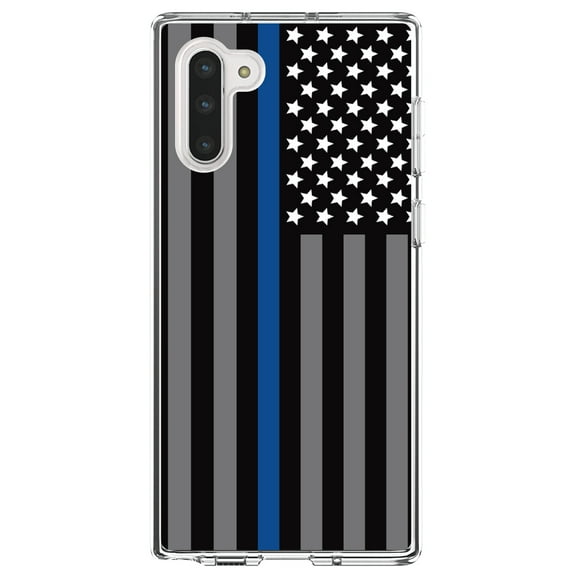 DistinctInk Clear Shockproof Hybrid Case for Samsung Galaxy Note 10 (6.3" Screen) - TPU Bumper, Acrylic Back, Tempered Glass Screen Protector - Thin Blue Line US Flag Law Enforcement