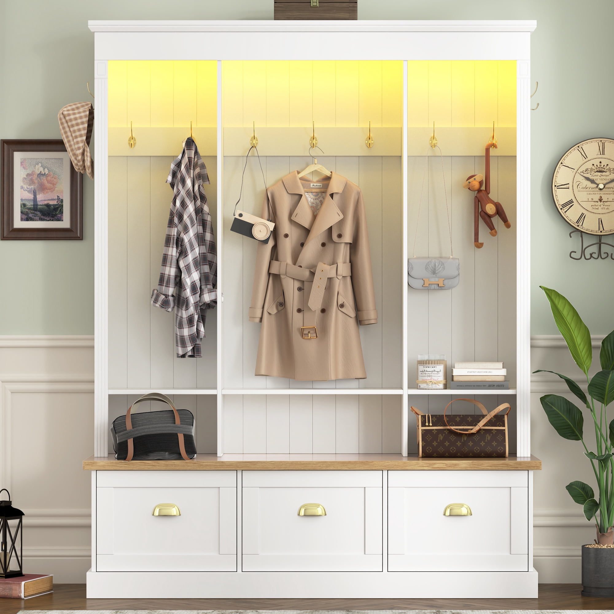 HOQBN 75" Hall Tree with LED Light,Bench & Shoe Storage,Entryway Coat Rack with 9 Hooks and 3 Large Cabinets,Farmhouse Entryway Organizer with Shelves for Hallway, White