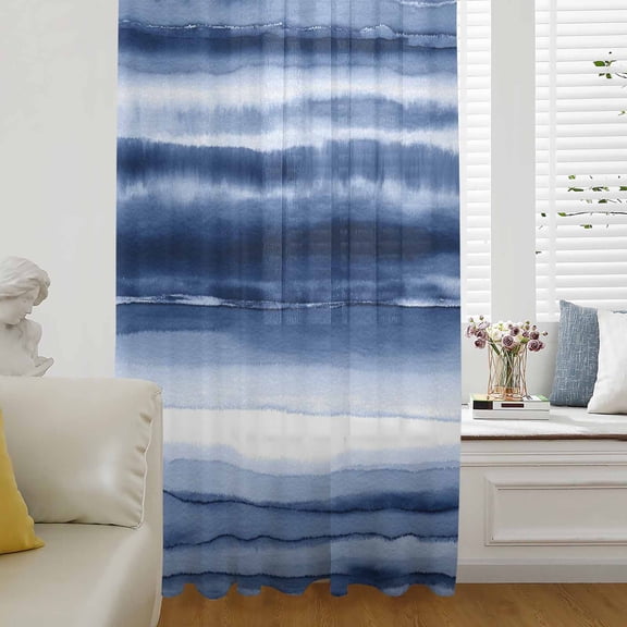 Navy Blue Ombre Semi Sheer Curtains Drapes for Living Room, Bedroom, French Doors Window 84 Inches Long, Modern Abstract Art Farmhouse Rod Pocket Chiffon Curtain Drapery Voile Draperies Panel