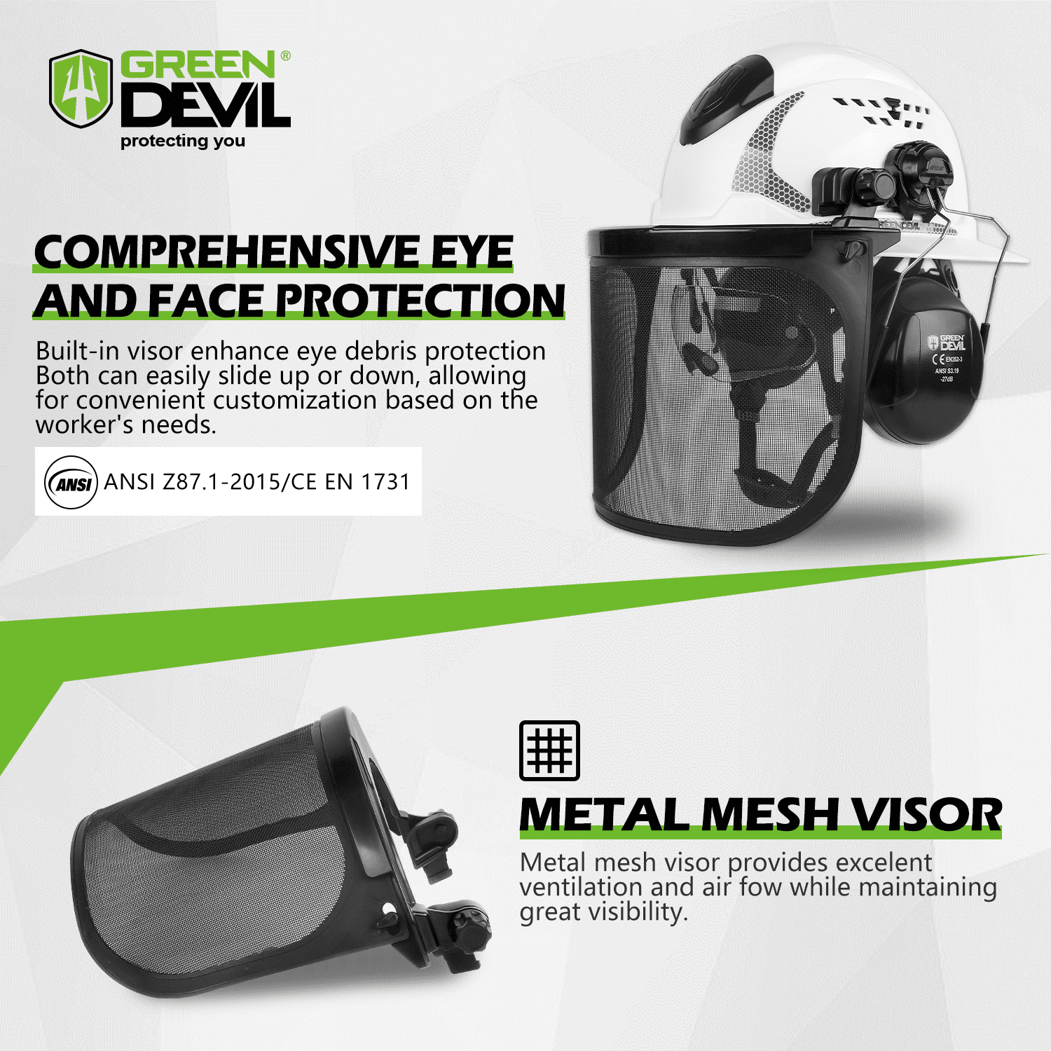 GREEN DEVIL Industrial Chainsaw Helmet with Face Shield Built in Visor and Ear Muffs 4 in 1 System ANSI Z89.1 Full Brim Safety Hard Hat Adjustable Headgear Ideal for Forestry and Arborist Work